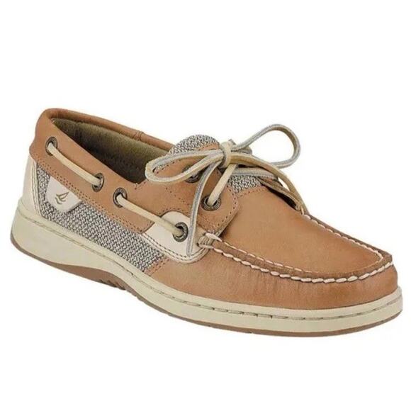 Sperry Top Sider Boat Shoes Women 9 Tan Bluefish 2 Eye Linen Oat Coastal Preppy - Picture 1 of 16
